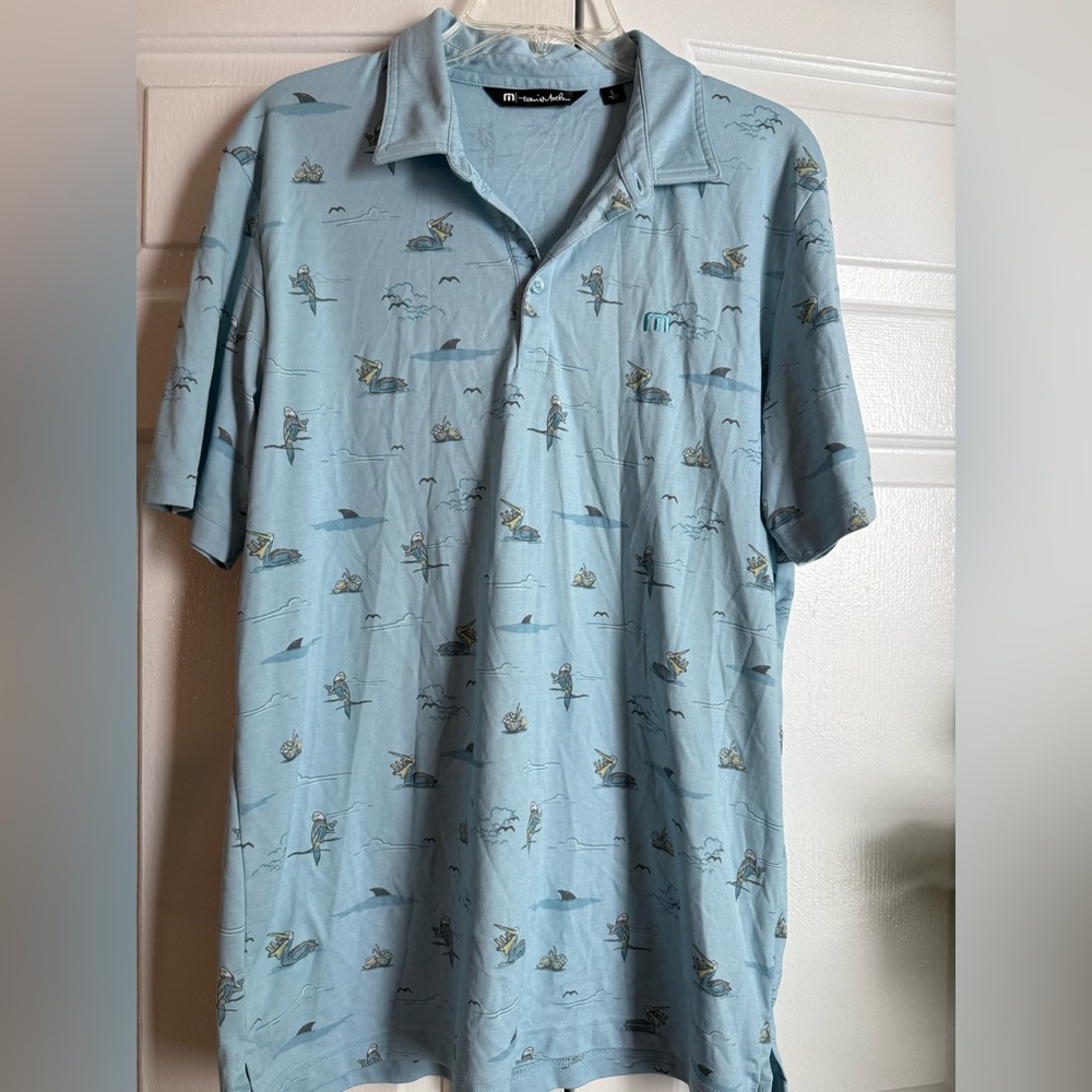 Travis Mathew Blue Pelican Print Golf Performance Polo Sz L Sport Outdoor